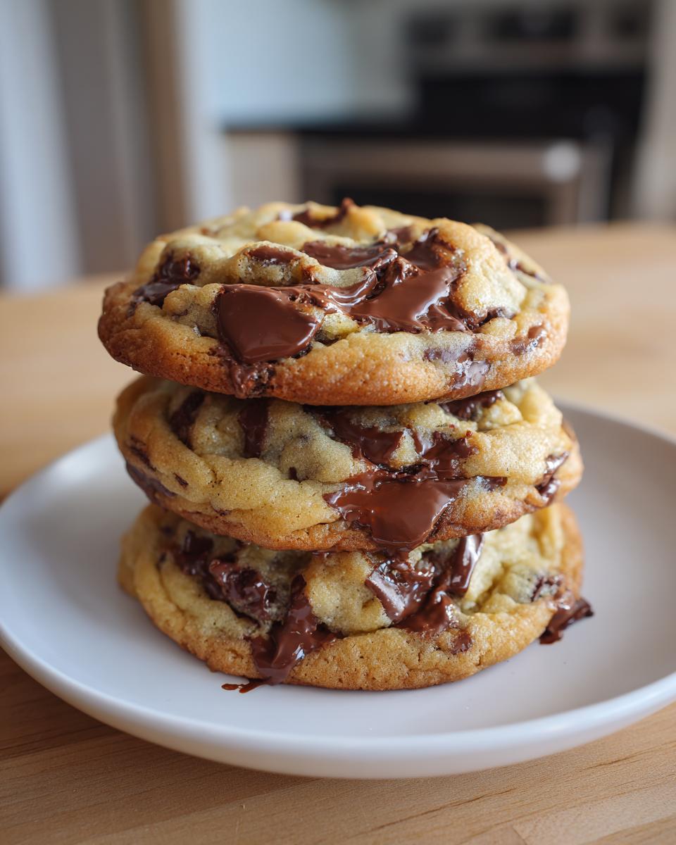 A stack of three thick, gooey cream cheese chocolate chip cookies with pools of melted chocolate on a white plate.