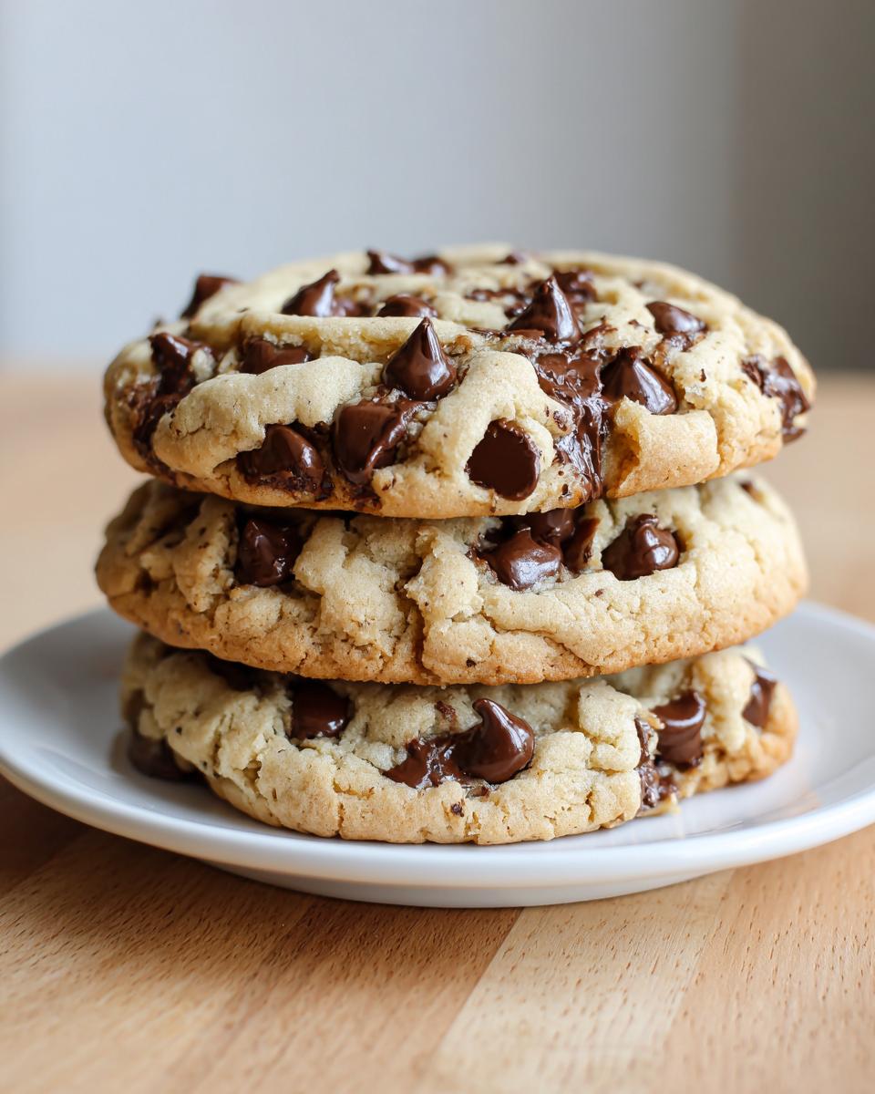 Three thick, soft cream cheese chocolate chip cookies stacked on a small white plate.