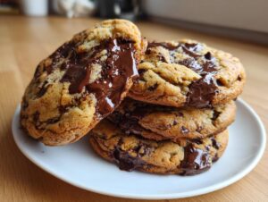 A stack of four gooey cream cheese chocolate chip cookies with melted chocolate oozing down the sides, served on a white plate.