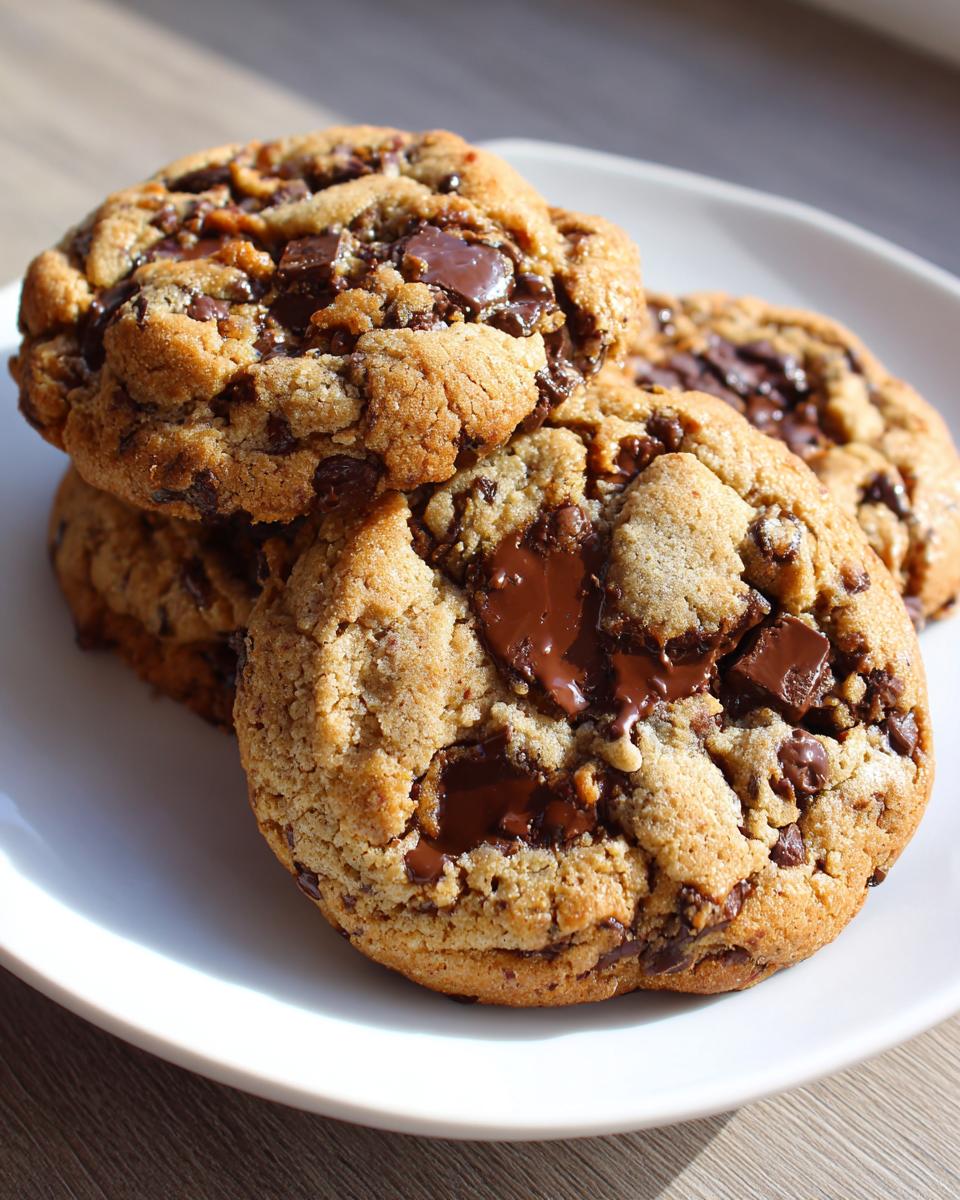 Close-up of three thick, golden cream cheese chocolate chip cookies stacked on a white plate with melted chocolate chips.