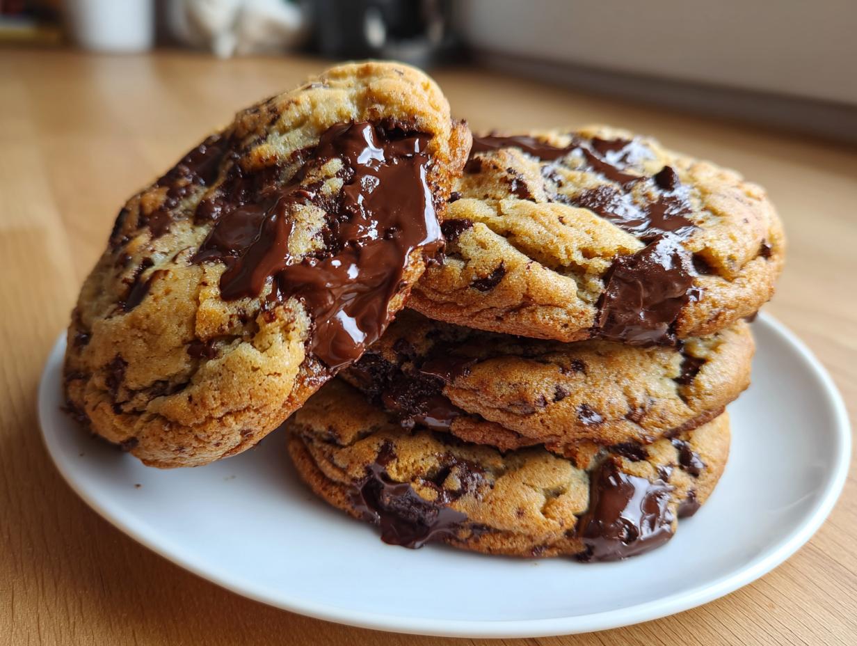 A stack of four gooey cream cheese chocolate chip cookies with melted chocolate oozing down the sides, served on a white plate.