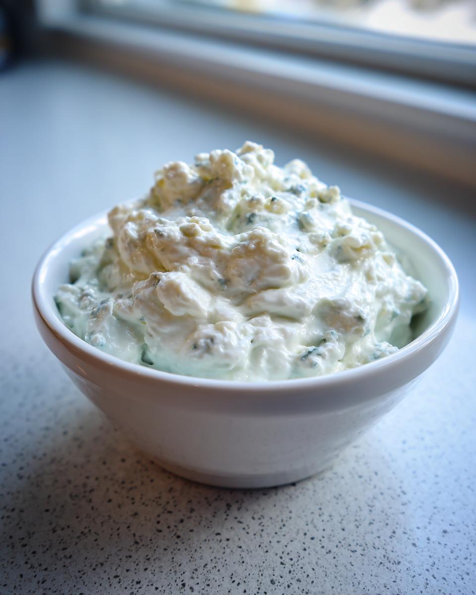 A close-up of a white bowl filled with chunky, creamy blue cheese dip, set on a light countertop.