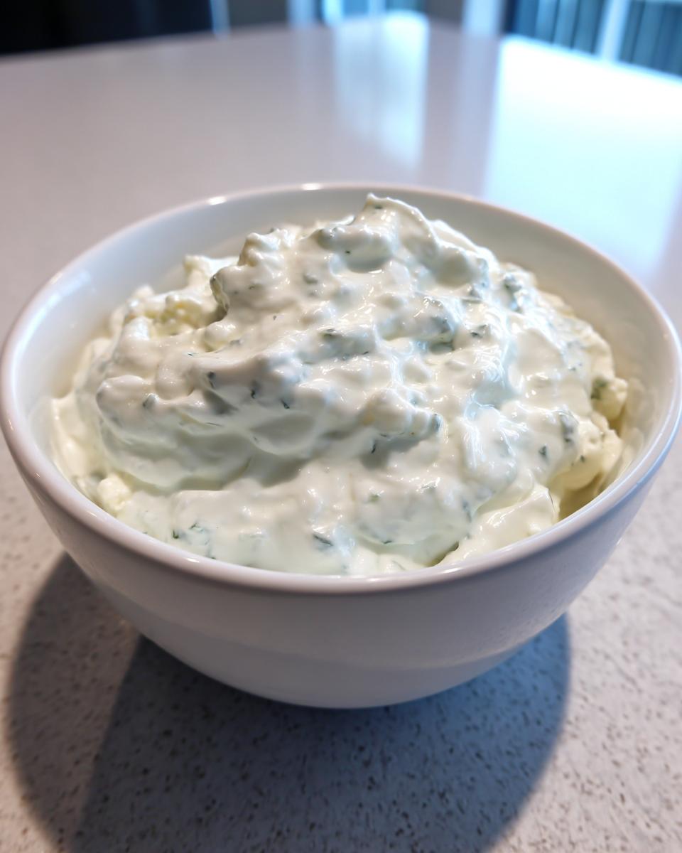 A close-up of a white bowl filled with thick, creamy blue cheese dip speckled with green herbs.