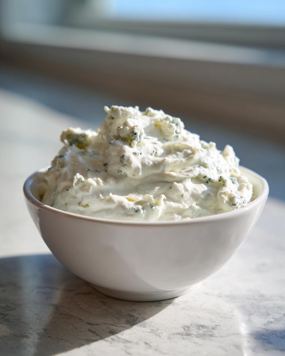 A white bowl filled with chunky, creamy blue cheese dip sits on a light countertop.