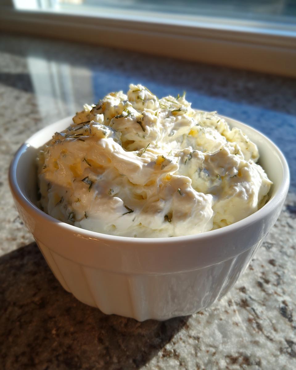 A close-up of a fluffy, creamy blue cheese dip garnished with herbs, served in a white ramekin.