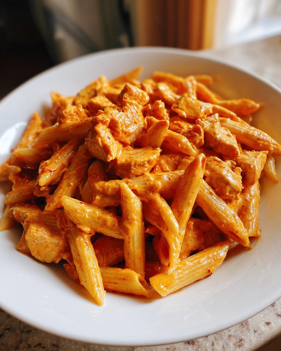 A close-up view of penne pasta tossed with chunks of chicken in a rich, orange-hued creamy cajun chicken pasta sauce, served in a white bowl.
