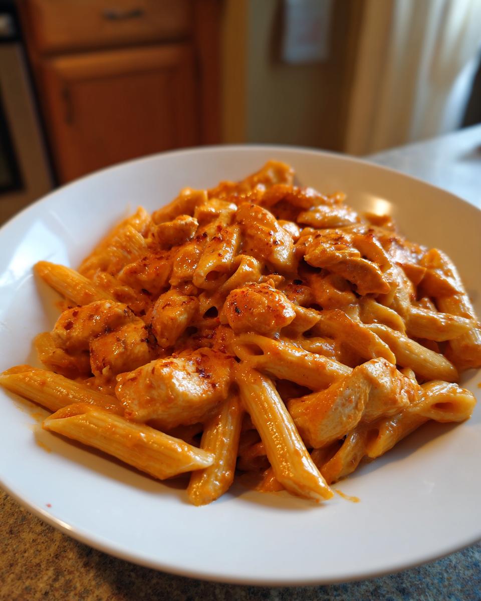 Close-up of a white bowl filled with creamy cajun chicken pasta featuring penne noodles and chunks of seasoned chicken.