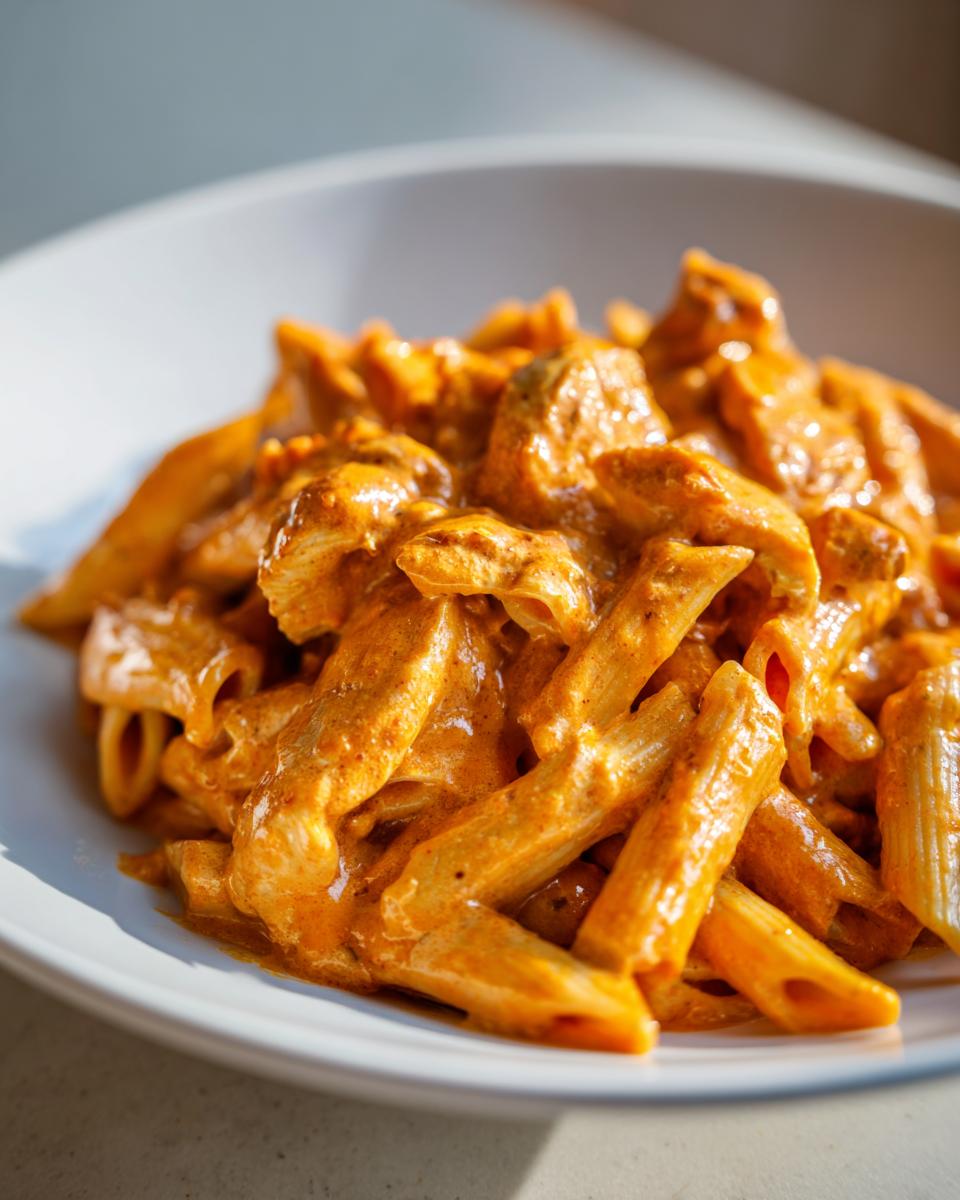 A close-up shot of penne pasta coated in a rich, orange-hued creamy cajun chicken pasta sauce, served in a white bowl.