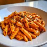 Close-up of penne pasta coated in rich, orange sauce, representing creamy cajun chicken pasta, garnished with herbs.