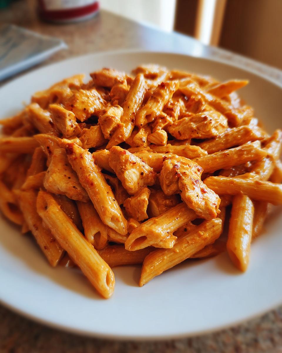Close-up of a white plate piled high with creamy cajun chicken pasta featuring penne noodles and seasoned chicken pieces.