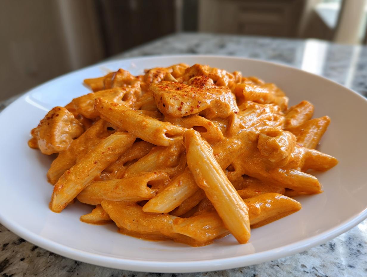 A close-up serving of creamy cajun chicken pasta featuring penne coated in a rich, orange-hued sauce with chunks of seasoned chicken.