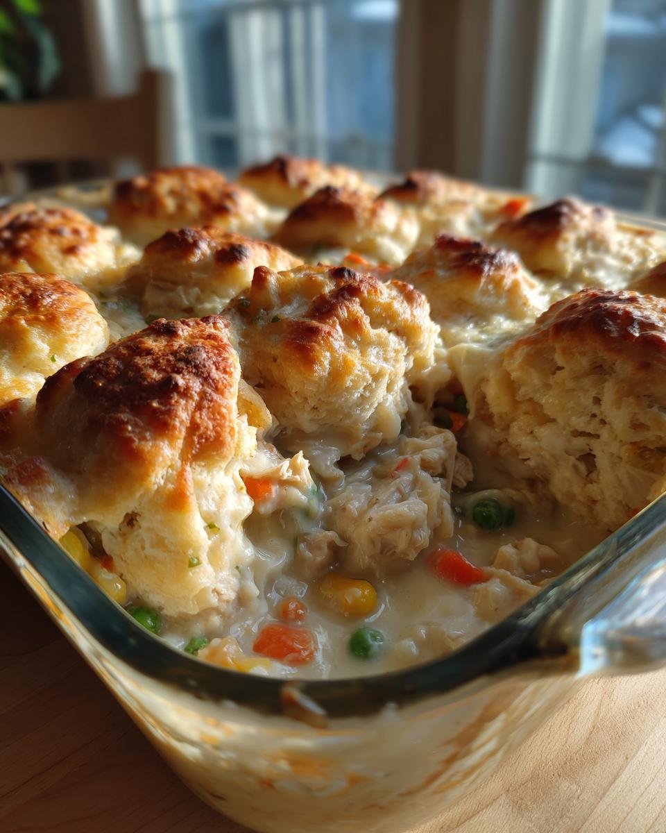 Close-up of a glass baking dish filled with creamy chicken pot filling topped with golden, fluffy biscuits.