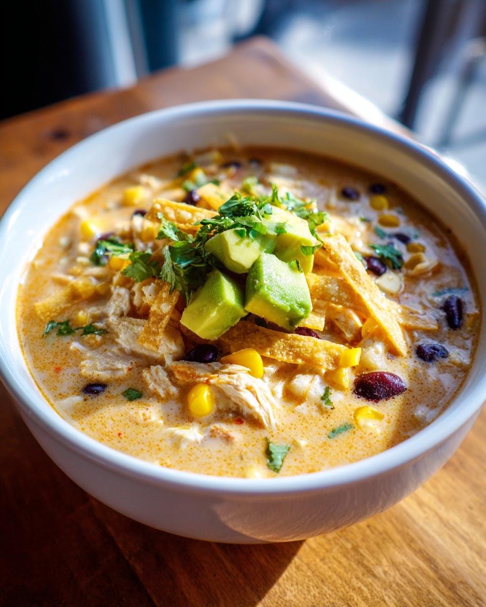 A close-up of a hearty bowl of creamy chicken tortilla soup topped with avocado, tortilla strips, and cilantro.