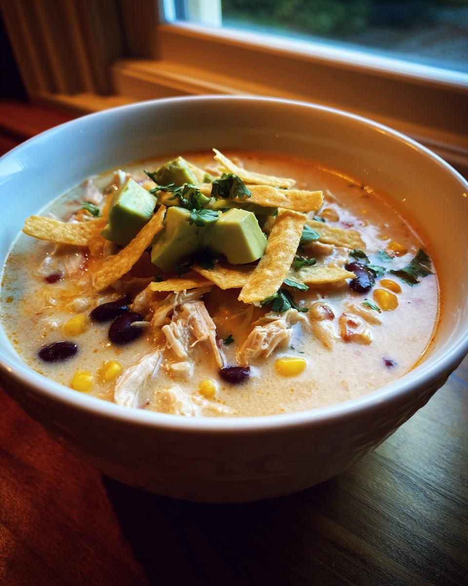 A close-up of a bowl of creamy chicken tortilla soup topped with avocado, tortilla strips, and cilantro.