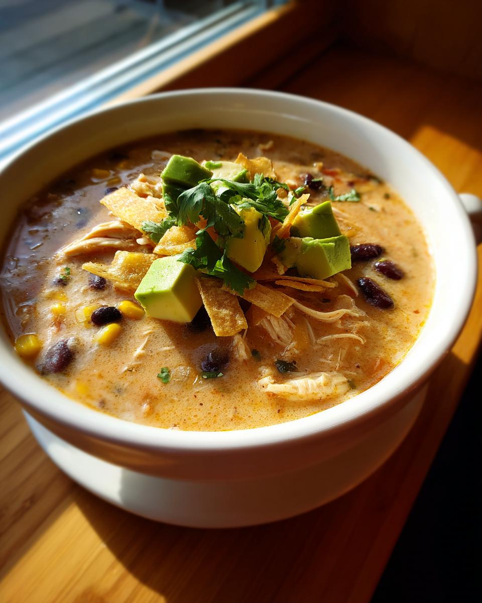Close-up of a bowl of creamy chicken tortilla soup topped with avocado, cilantro, and tortilla strips.