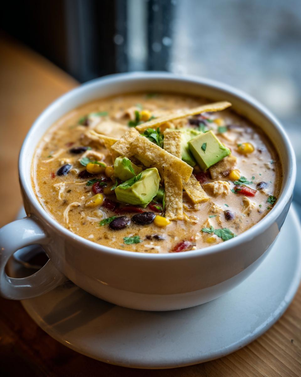 A close-up of a hearty bowl of creamy chicken tortilla soup topped with avocado, tortilla strips, and cilantro.