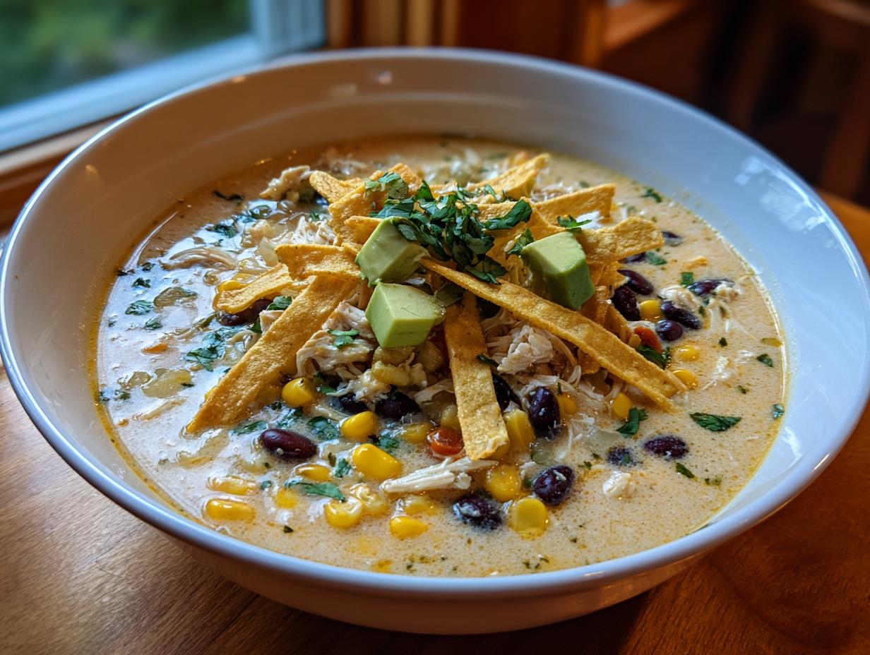 Close-up of a white bowl filled with creamy chicken tortilla soup, garnished with tortilla strips, avocado, and cilantro.