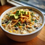 Close-up of a hearty bowl of creamy chicken tortilla soup topped with avocado, tortilla strips, and cilantro.