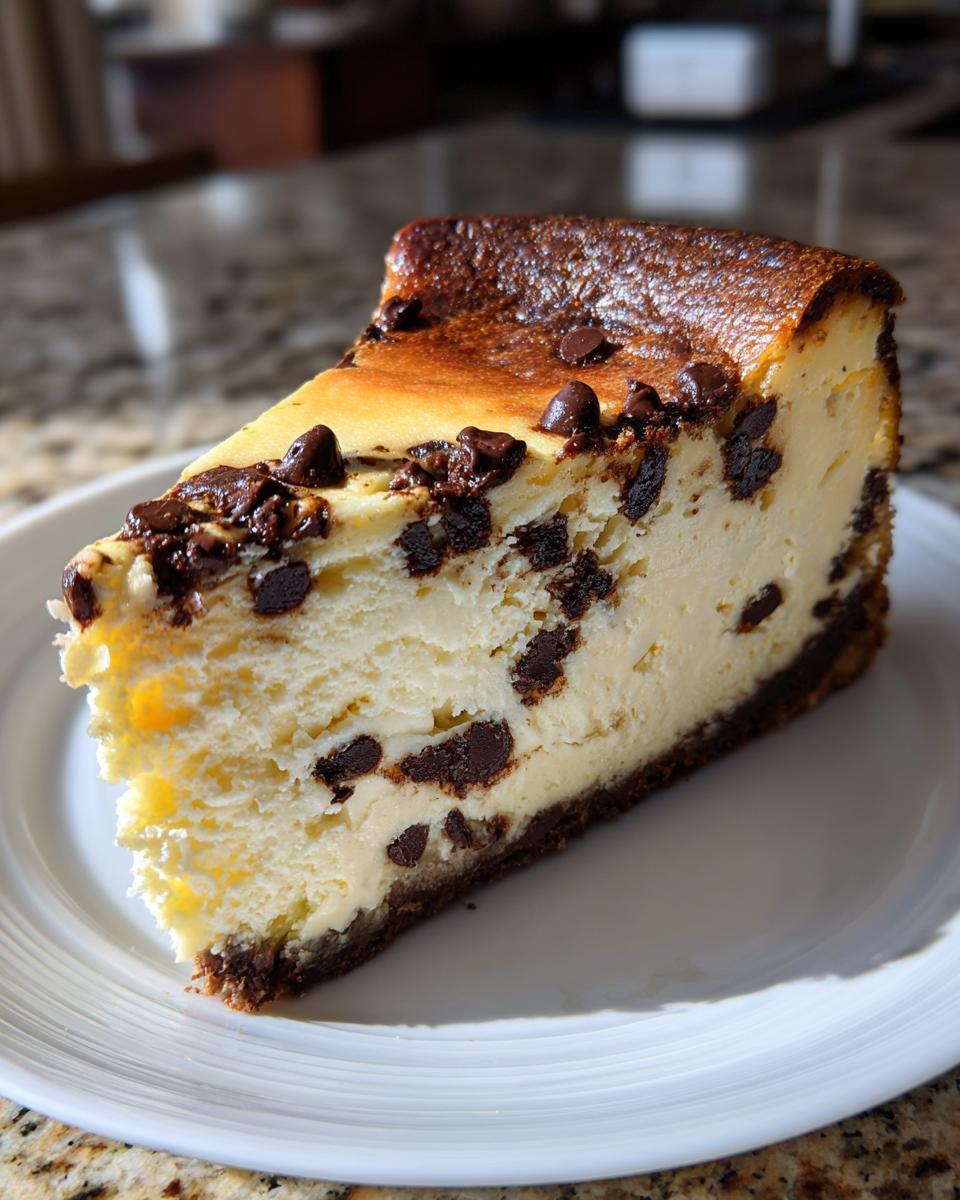 A thick slice of creamy chocolate chip cheesecake featuring a dark, browned top and chocolate chips mixed throughout the filling.