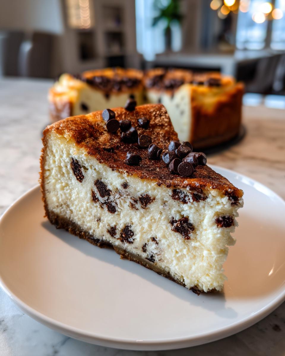 A close-up of a slice of creamy chocolate chip cheesecake with chocolate chips baked in and sprinkled on top.