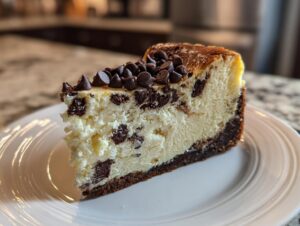 A perfect slice of creamy chocolate chip cheesecake with a dark crust and topped with chocolate chips.
