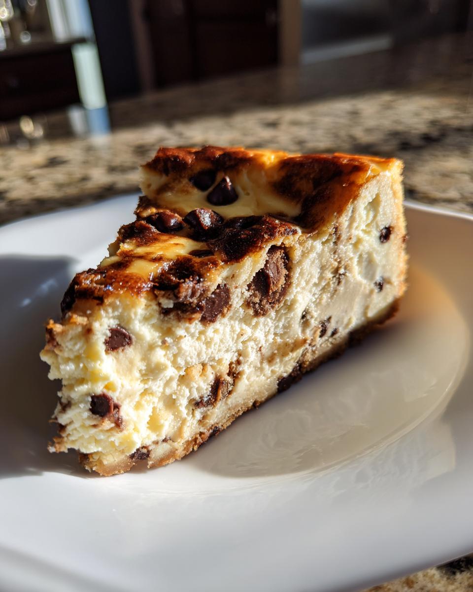 A close-up of a single slice of creamy chocolate chip cheesecake with a browned top, served on a white plate.