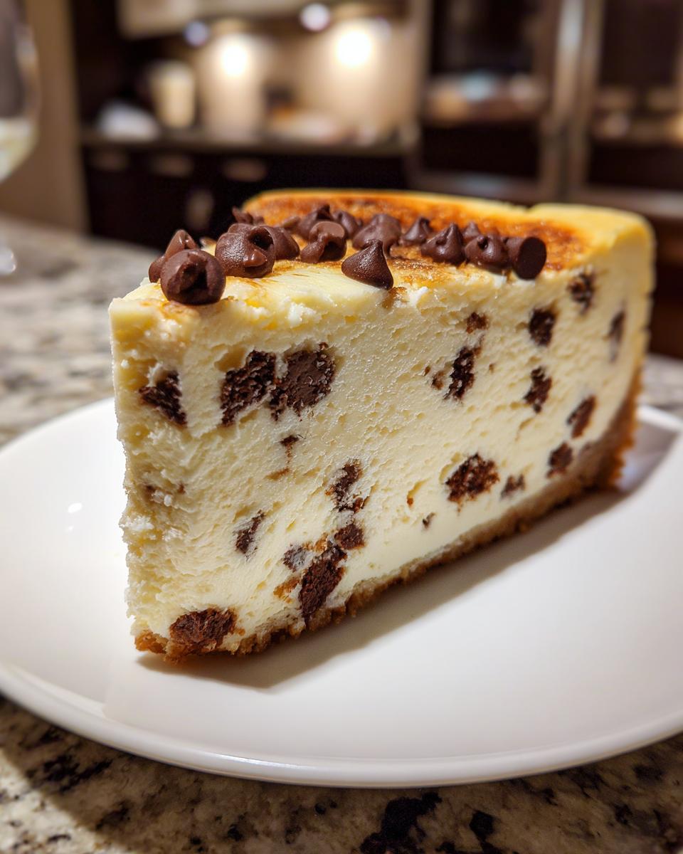 A close-up of a creamy slice of chocolate chip cheesecake, studded with chips and topped with more chocolate chips.