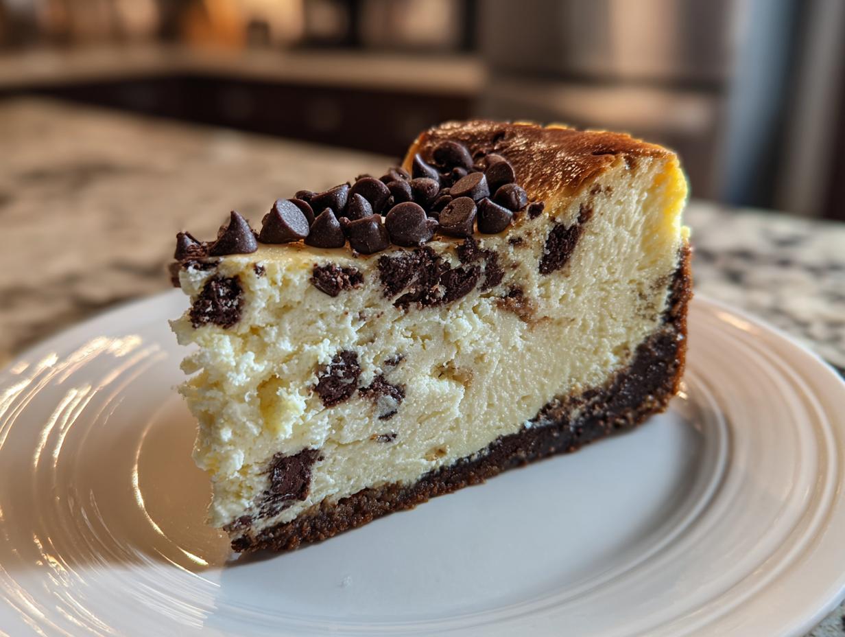 A perfect slice of creamy chocolate chip cheesecake with a dark crust and topped with chocolate chips.