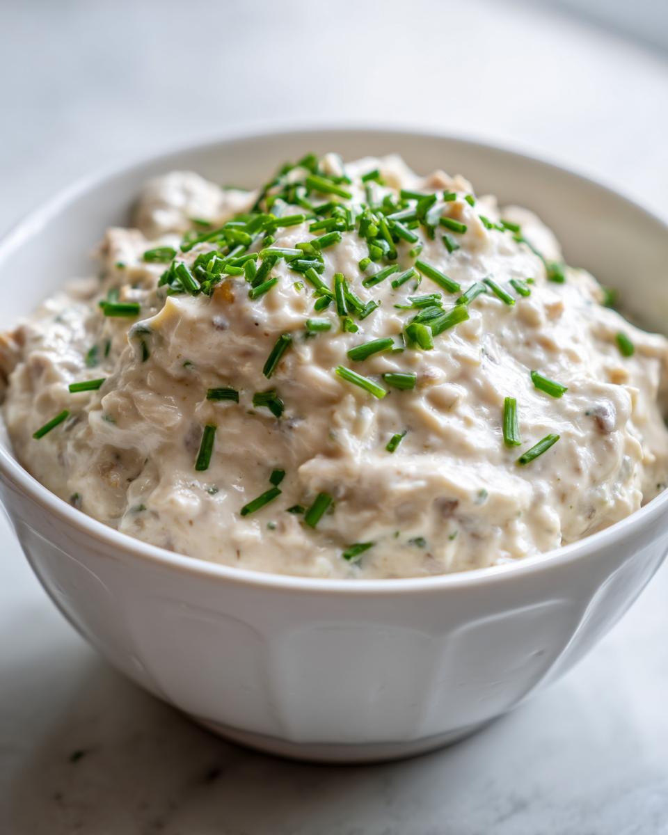 A close-up of creamy clam dip served in a white bowl, generously garnished with chopped fresh chives.