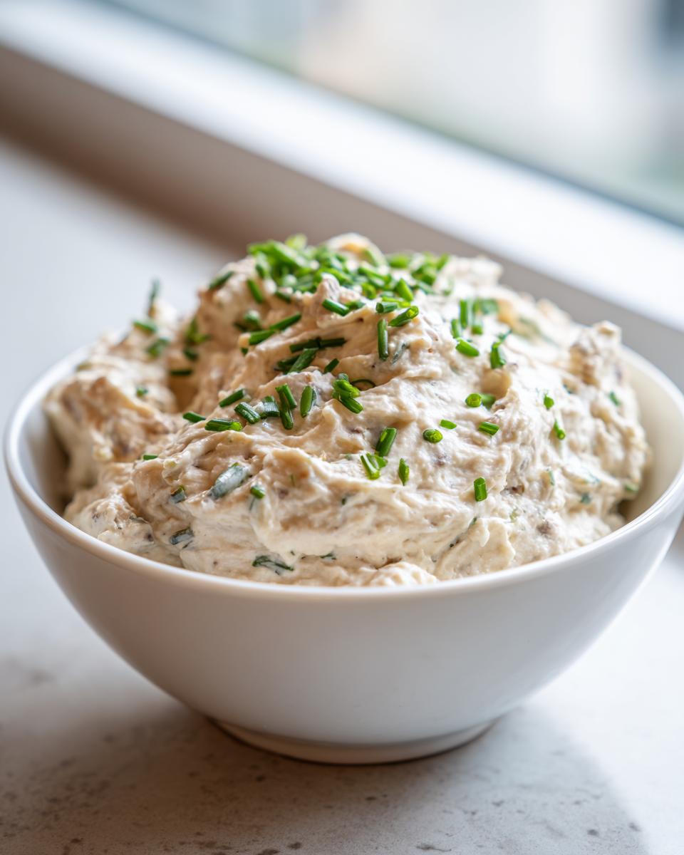 A white bowl filled with creamy clam dip, garnished generously with fresh chopped chives.