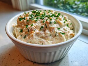 A white ruffled bowl filled with creamy clam dip, garnished generously with fresh green chives.
