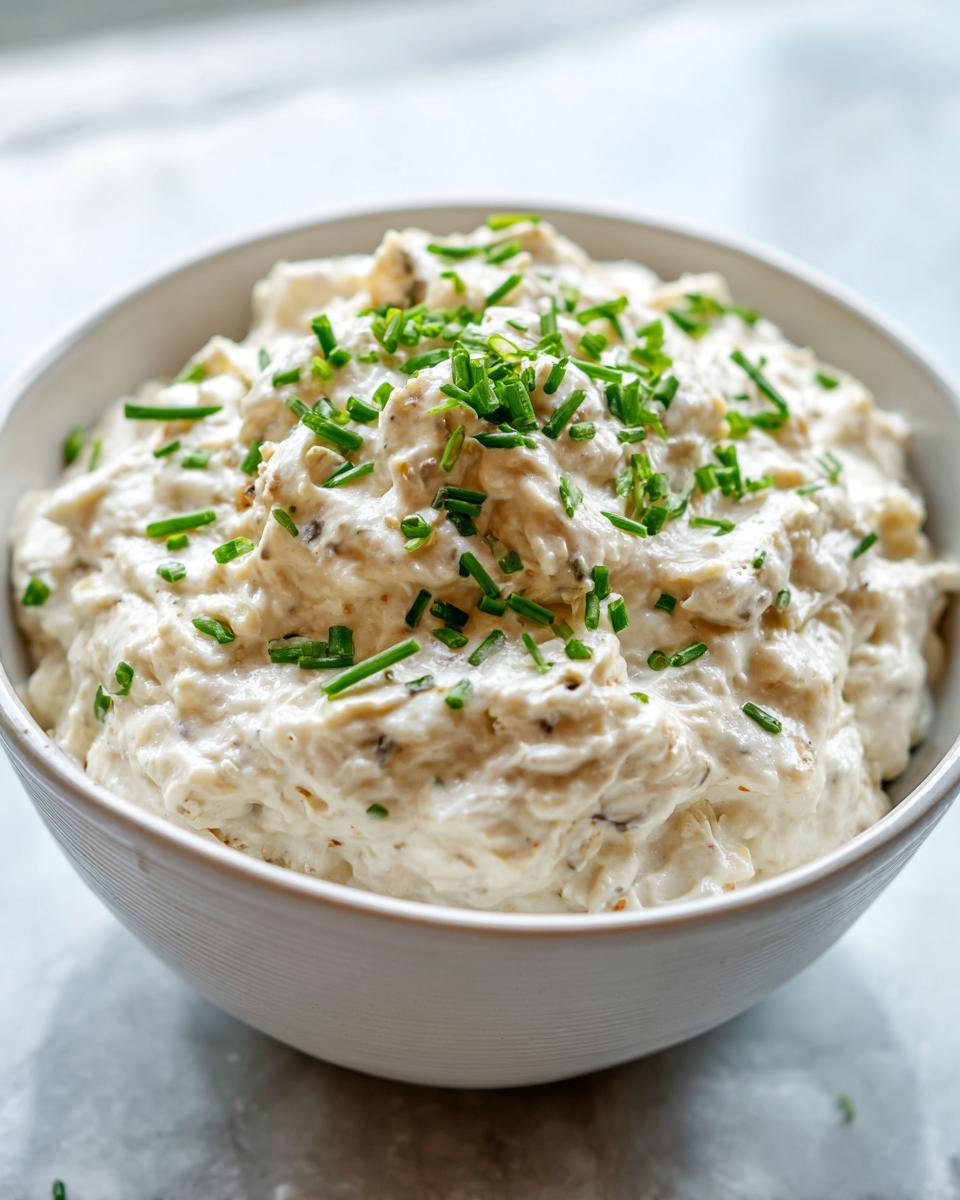 A close-up of a white bowl filled with creamy clam dip, garnished generously with fresh chopped chives.