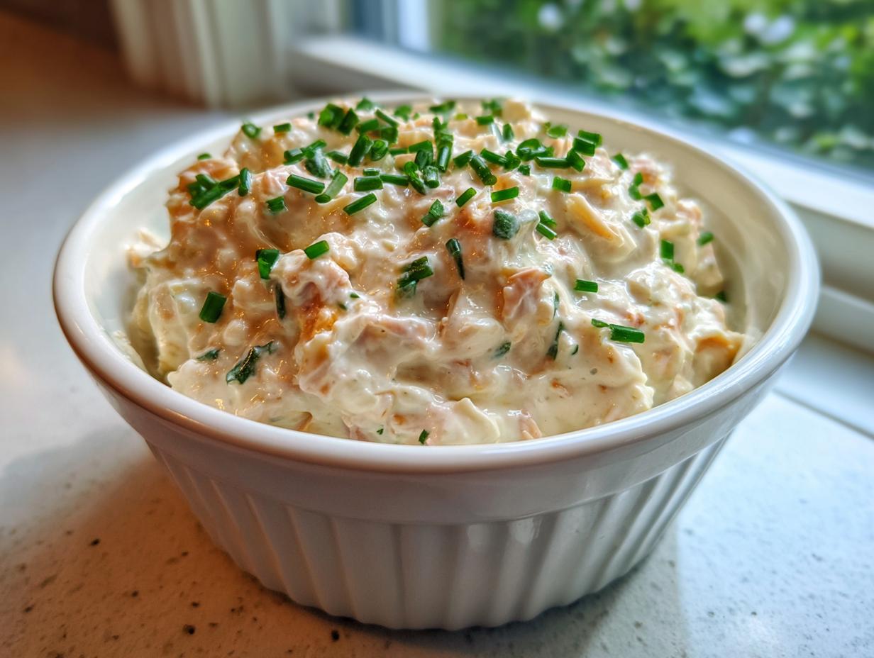 A white ruffled bowl filled with creamy clam dip, garnished generously with fresh green chives.