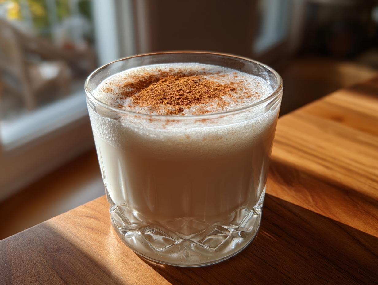 A glass of creamy, frothy coquito topped generously with ground cinnamon, sitting on a wooden surface.