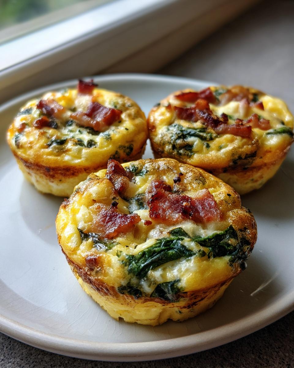 Three baked egg bites featuring spinach and crispy bacon pieces, perfect for meal prep.
