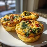 Three golden brown, baked egg bites filled with spinach and bacon served on a white plate.