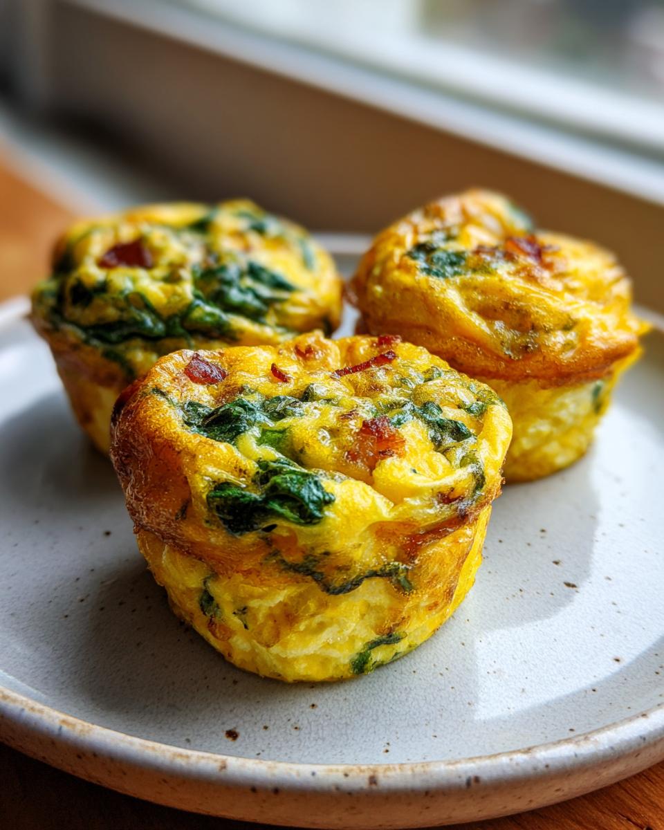 Close-up of three baked egg bites made with spinach and bacon, resting on a speckled ceramic plate.