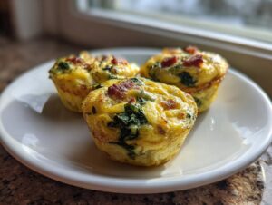 Three baked egg bites packed with spinach and bacon served on a white plate.