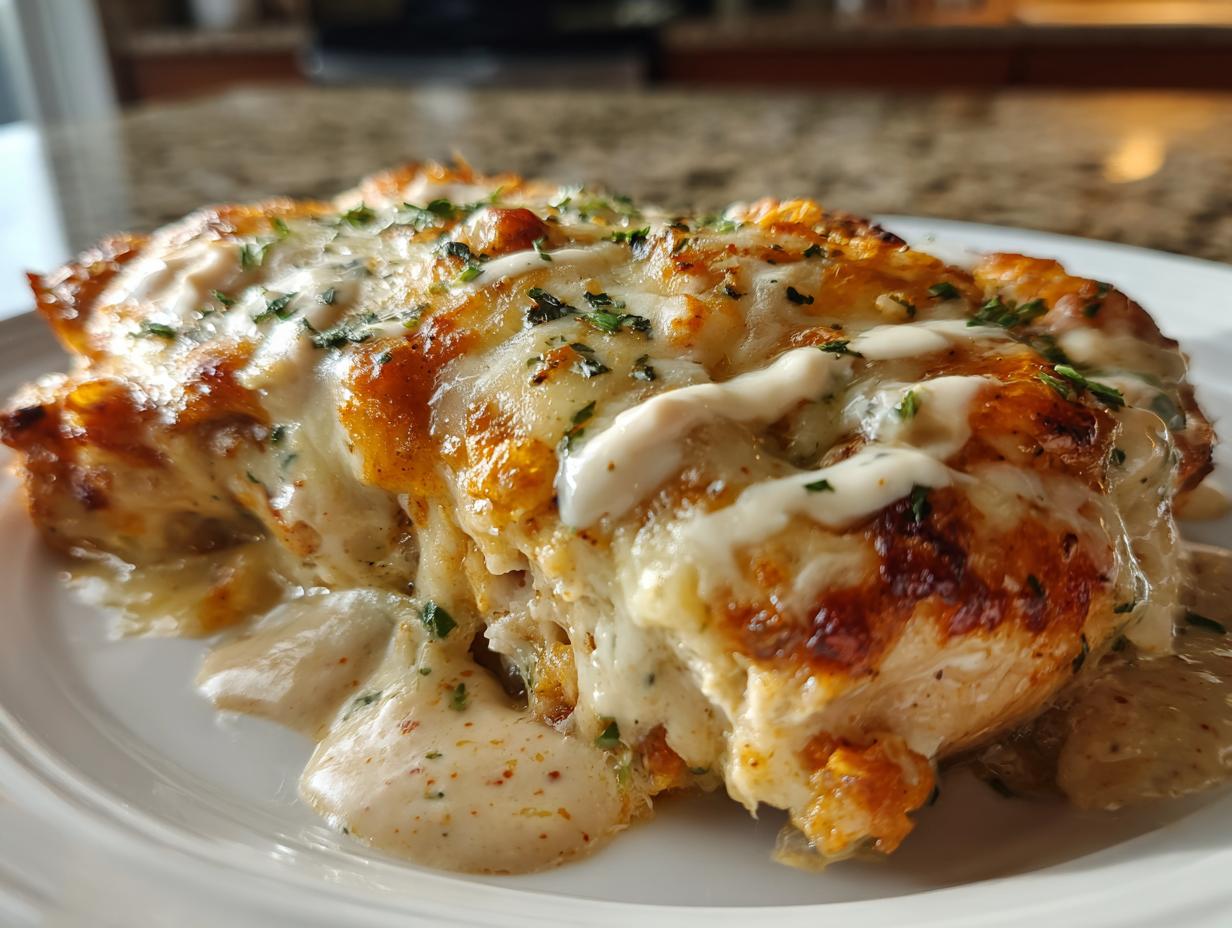 Close-up of a piece of Fiesta Lime Chicken smothered in melted cheese and creamy sauce, garnished with parsley.
