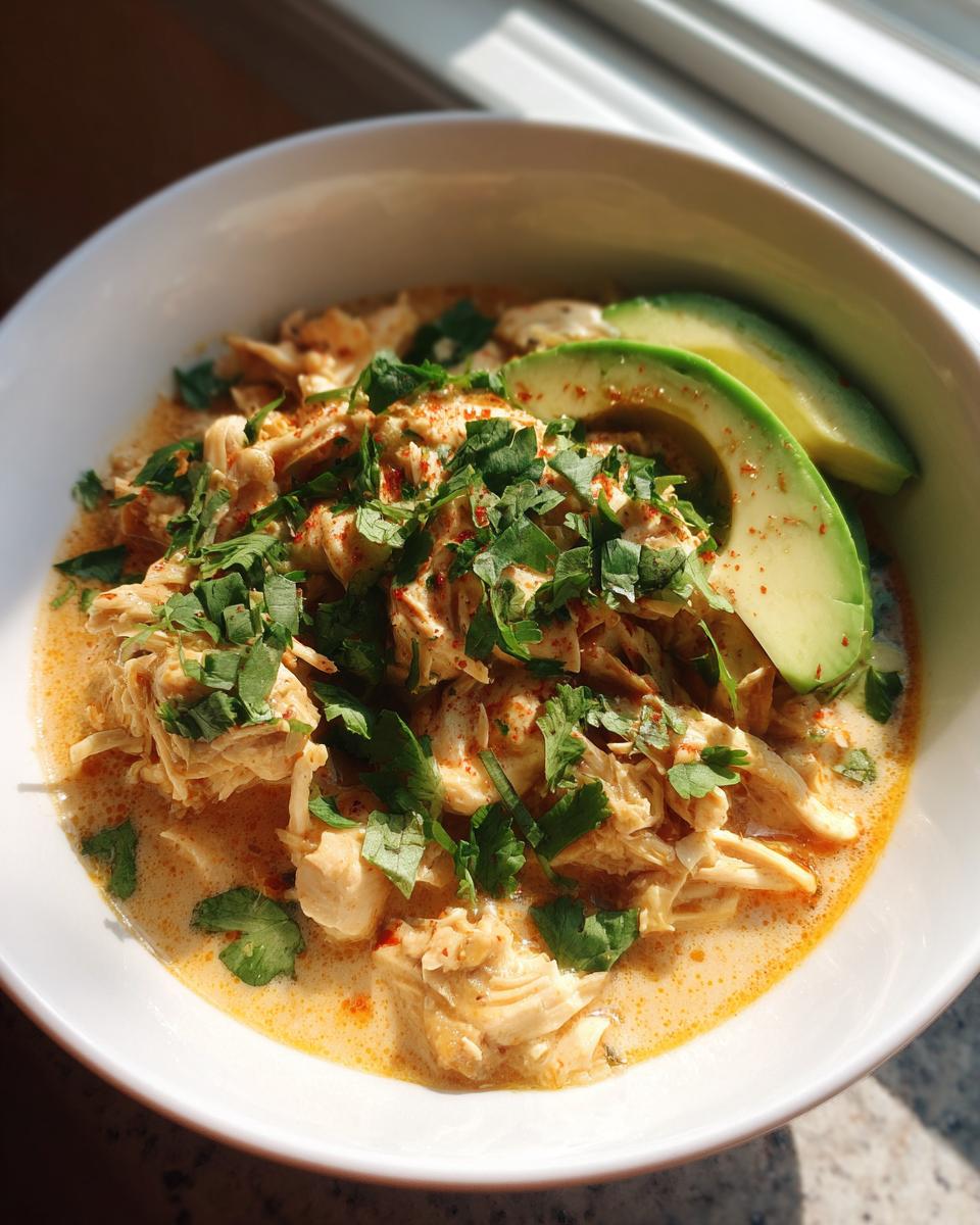 A close-up of a bowl of creamy keto white chicken chili topped with fresh cilantro and avocado slices.
