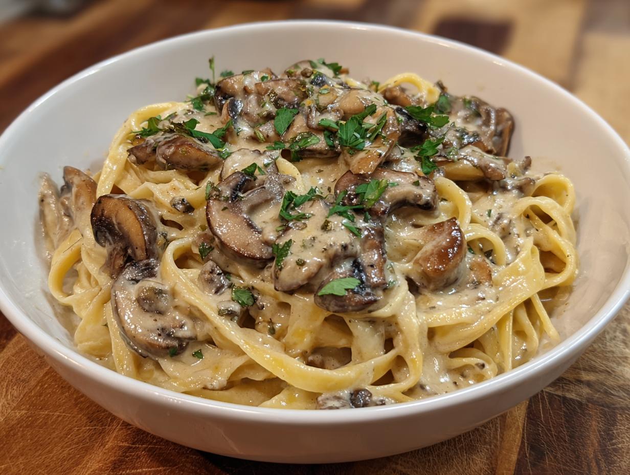 Close-up of creamy mushroom pasta made with fettuccine, rich sauce, and fresh parsley garnish.