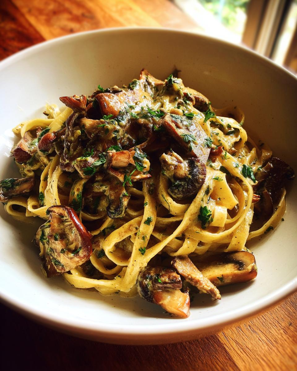 Close-up of creamy fettuccine mushroom pasta topped with sautéed mushrooms and fresh parsley in a white bowl.