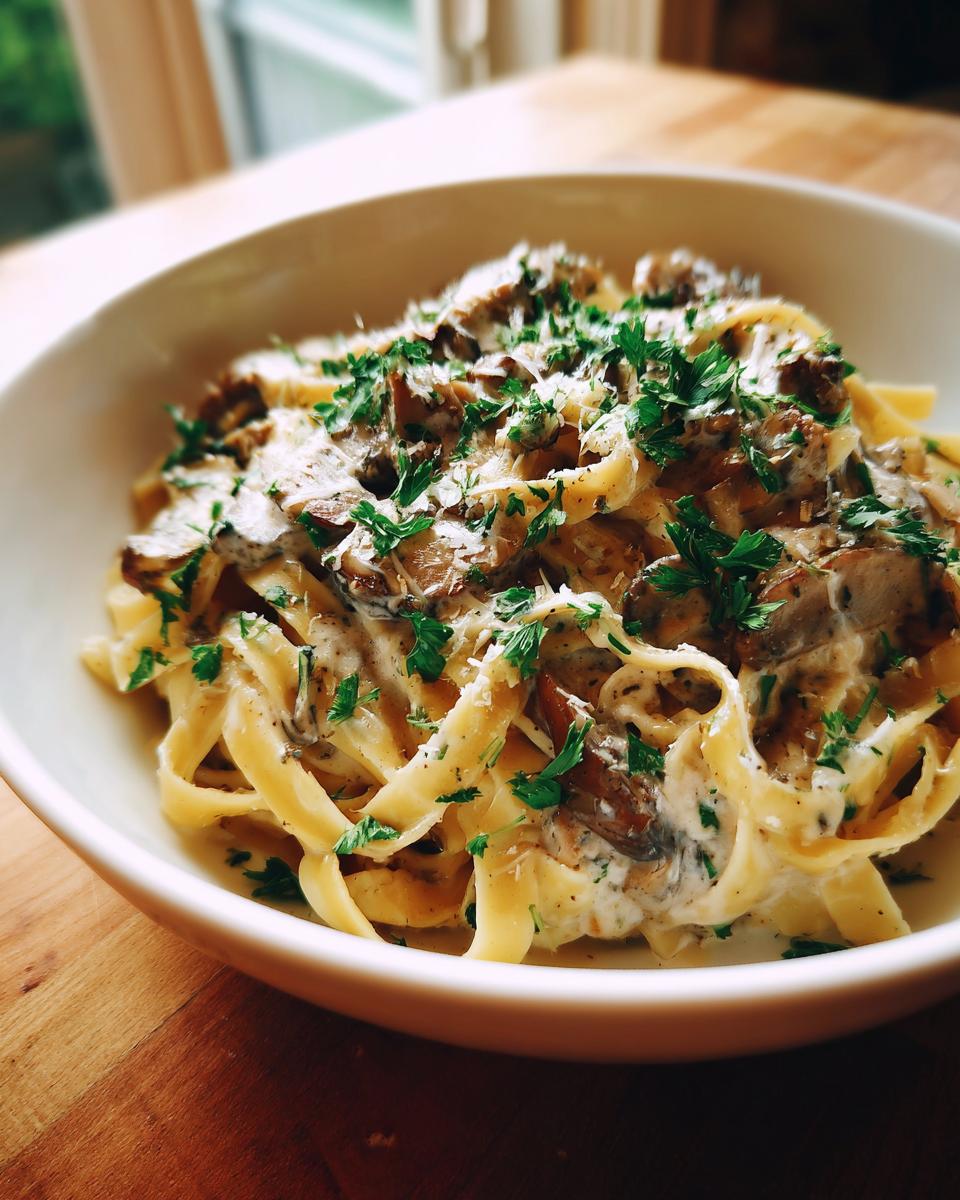 Close-up of creamy fettuccine mushroom pasta topped with fresh parsley and grated cheese.