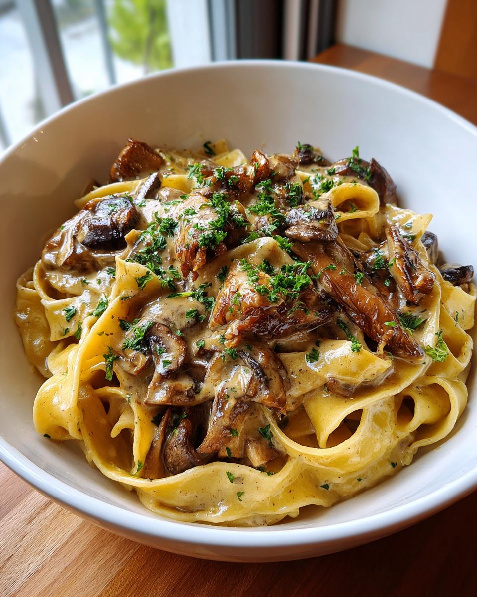 Close-up of creamy fettuccine mushroom pasta topped with sautéed mushrooms and fresh parsley in a white bowl.