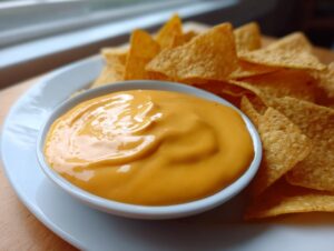 A close-up of creamy, bright orange nacho cheese dip in a white bowl surrounded by tortilla chips.