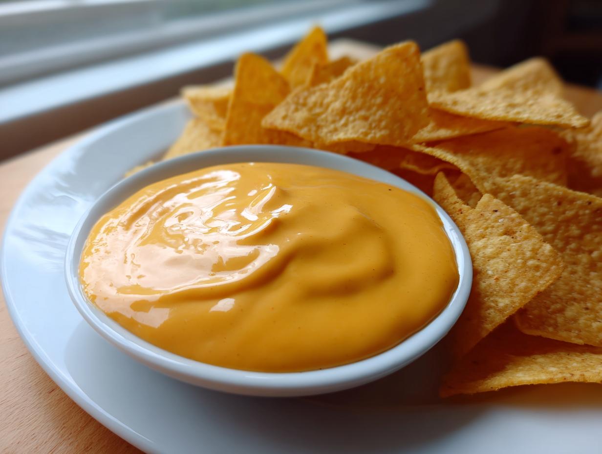 A close-up of creamy, bright orange nacho cheese dip in a white bowl surrounded by tortilla chips.