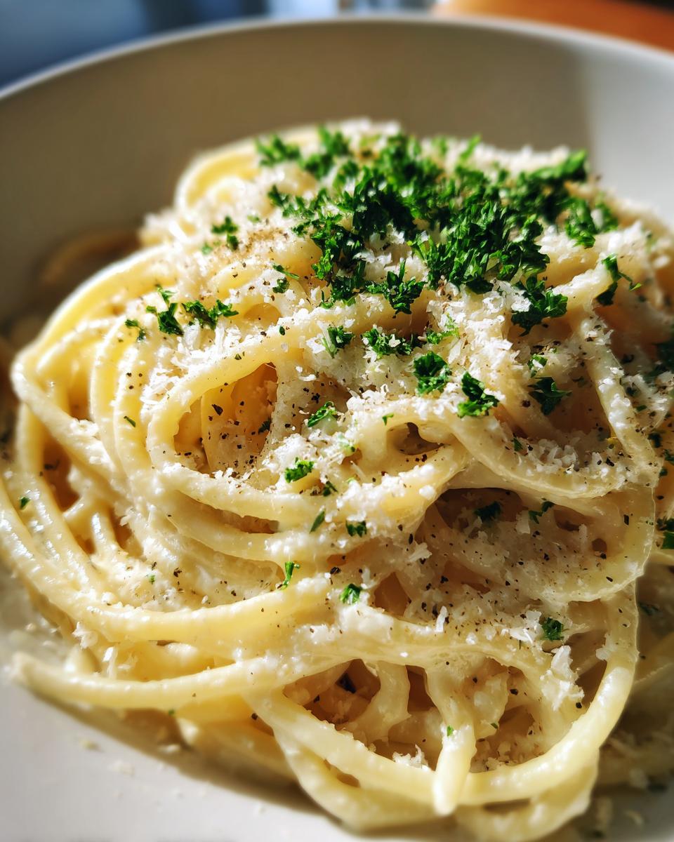 Close-up of creamy parmesan pasta tossed in sauce, topped with grated cheese, black pepper, and fresh parsley.