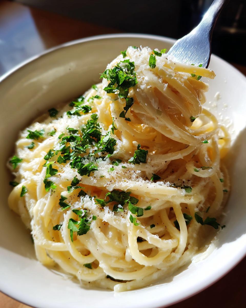 Close-up of creamy parmesan pasta being lifted high on a fork, topped with grated cheese and fresh parsley.