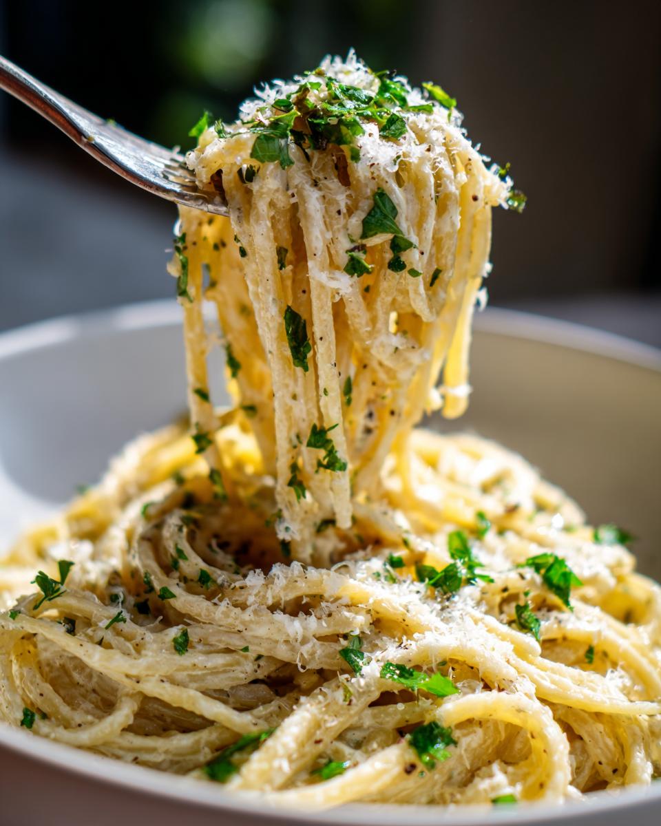 A fork lifting a generous portion of creamy parmesan pasta, topped with grated cheese and fresh parsley.