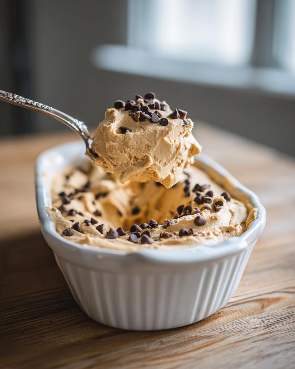 A spoonful of creamy peanut butter dip topped with mini chocolate chips being lifted from a white dish.
